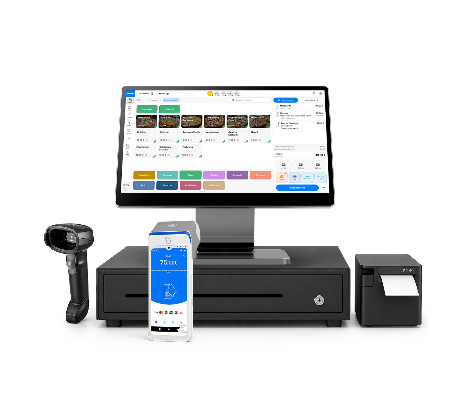 Pack Complet + scanner : caisse à double écran, terminal myPOS Ultra, tiroir-caisse, imprimante et lecteur codes-barres